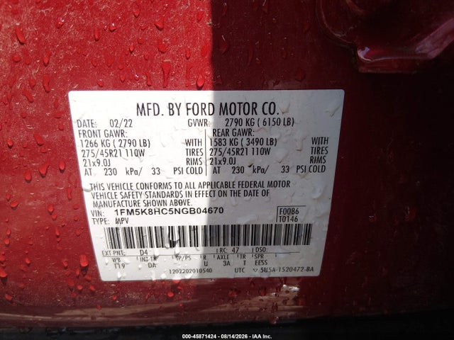 Продажа на аукционе авто 2022 Ford Explorer Platinum, vin: 1FM5K8HC5NGB04670, номер лота: 45871424