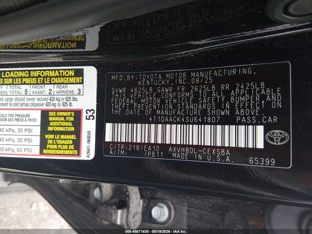 Продаж на аукціоні авто 2025 Toyota Camry Se, vin: 4T1DAACK4SU641807, номер лоту: 45871430