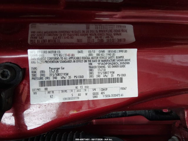 45871451 :رقم المزاد ، 1FADP3N28DL305099 vin ، 2013 Ford Focus Titanium مزاد بيع