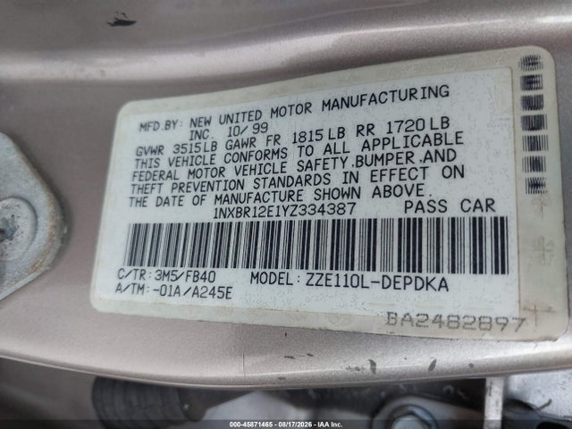 2000 Toyota Corolla Ce მანქანა იყიდება აუქციონზე, vin: 1NXBR12E1YZ334387, აუქციონის ნომერი: 45871465