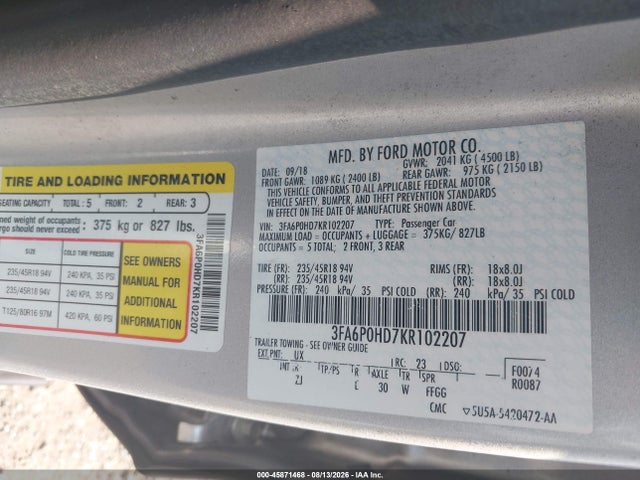Продаж на аукціоні авто 2019 Ford Fusion Se, vin: 3FA6P0HD7KR102207, номер лоту: 45871468