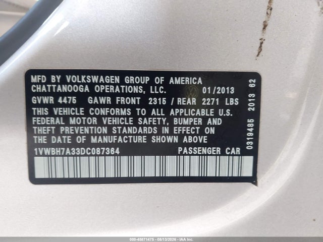 2013 Volkswagen Passat 2.5l Se მანქანა იყიდება აუქციონზე, vin: 1VWBH7A33DC087364, აუქციონის ნომერი: 45871475