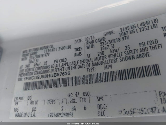 Продажа на аукционе авто 2017 Ford Escape Titanium, vin: 1FMCU9J98HUB87636, номер лота: 45871478