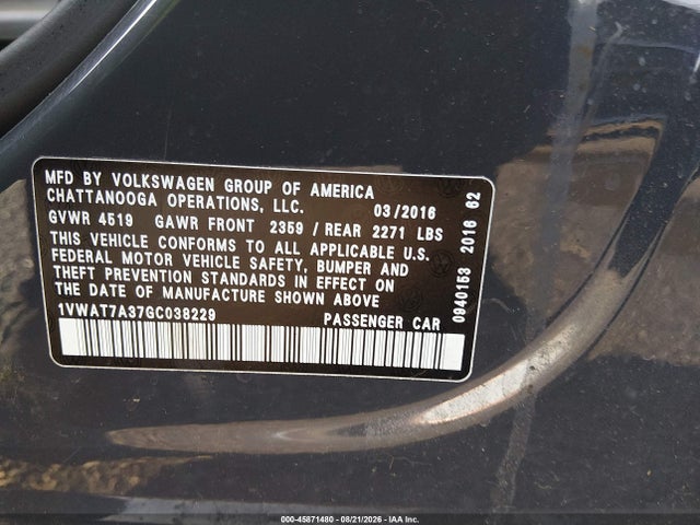 Aukcja sprzedaży 2016 Volkswagen Passat 1.8t R-line, vin: 1VWAT7A37GC038229, numer aukcji: 45871480