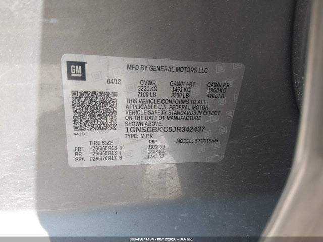Продаж на аукціоні авто 2018 Chevrolet Tahoe Lt, vin: 1GNSCBKC5JR342437, номер лоту: 45871494
