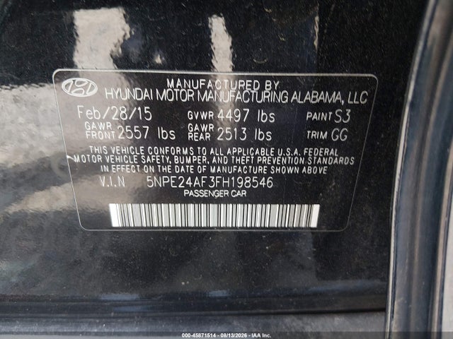 2015 Hyundai Sonata Se მანქანა იყიდება აუქციონზე, vin: 5NPE24AF3FH198546, აუქციონის ნომერი: 45871514