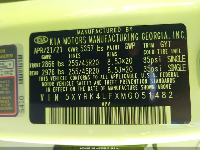 45871517 :رقم المزاد ، 5XYRK4LFXMG051482 vin ، 2021 Kia Sorento Sx Prestige مزاد بيع