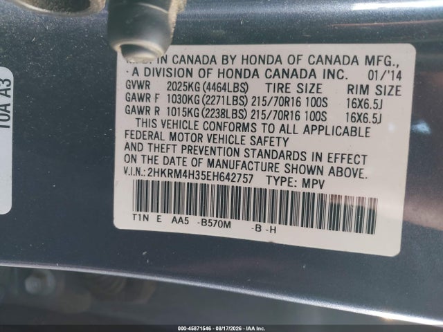 2014 Honda Cr-v Lx მანქანა იყიდება აუქციონზე, vin: 2HKRM4H35EH642757, აუქციონის ნომერი: 45871546