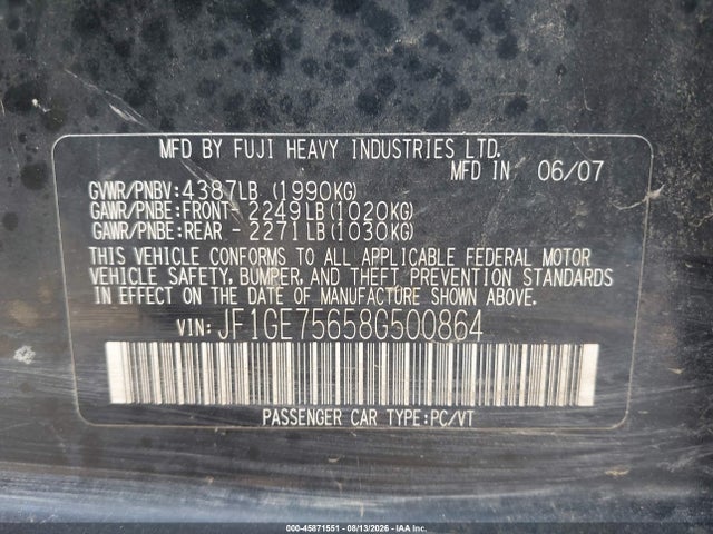 Aukcja sprzedaży 2008 Subaru Impreza Wrx, vin: JF1GE75658G500864, numer aukcji: 45871551