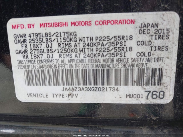 Aukcja sprzedaży 2016 Mitsubishi Outlander Sel, vin: JA4AZ3A3XGZ021734, numer aukcji: 45871560