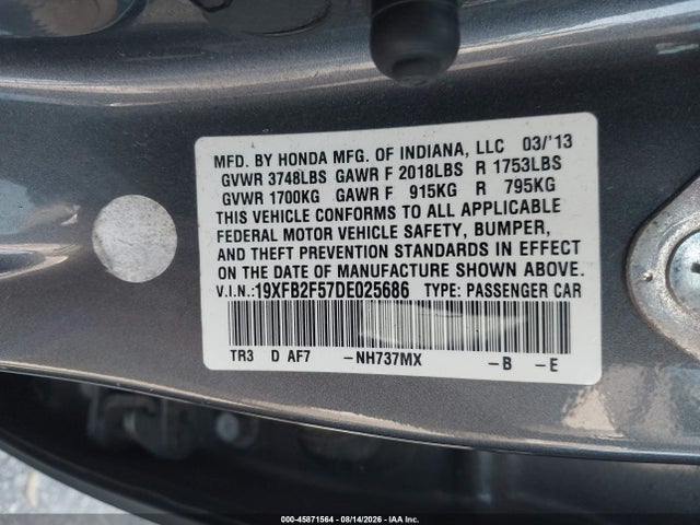 45871564 :رقم المزاد ، 19XFB2F57DE025686 vin ، 2013 Honda Civic Lx مزاد بيع