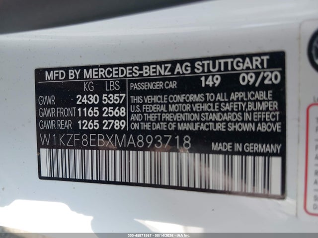 45871567 :رقم المزاد ، W1KZF8EBXMA893718 vin ، 2021 Mercedes-benz E 350 4matic مزاد بيع