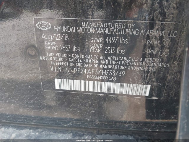 Продаж на аукціоні авто 2019 Hyundai Sonata Se, vin: 5NPE24AF3KH733739, номер лоту: 45871569
