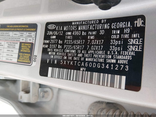 Продаж на аукціоні авто 2013 Kia Sorento Lx, vin: 5XYKTCA60DG341273, номер лоту: 45871571