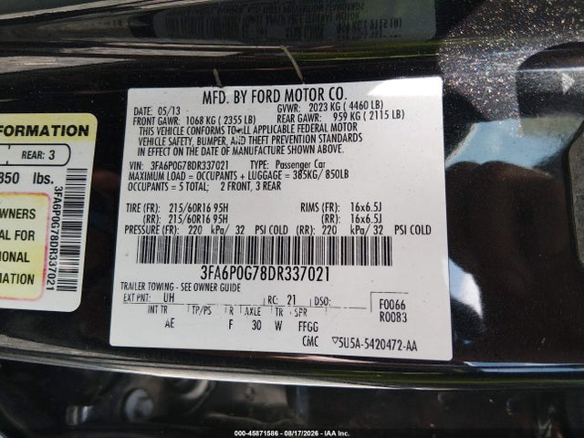 Продаж на аукціоні авто 2013 Ford Fusion S, vin: 3FA6P0G78DR337021, номер лоту: 45871586