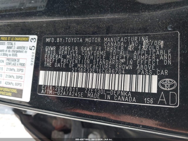 Aukcja sprzedaży 2006 Toyota Corolla Le, vin: 2T1BR32E16C686704, numer aukcji: 45871603