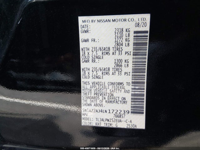 Продажа на аукционе авто 2020 Nissan Murano S Fwd, vin: 5N1AZ2AJ4LN172239, номер лота: 45871609