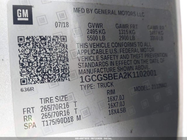Продажа на аукционе авто 2019 Chevrolet Colorado Wt, vin: 1GCGSBEA2K1102001, номер лота: 45871615