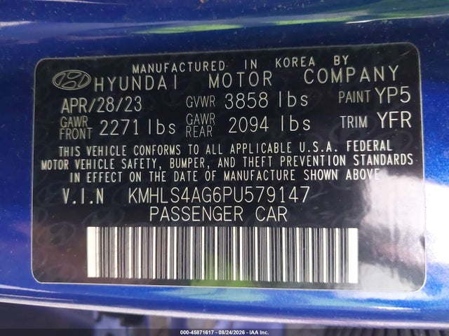 45871617 :رقم المزاد ، KMHLS4AG6PU579147 vin ، 2023 Hyundai Elantra Sel مزاد بيع