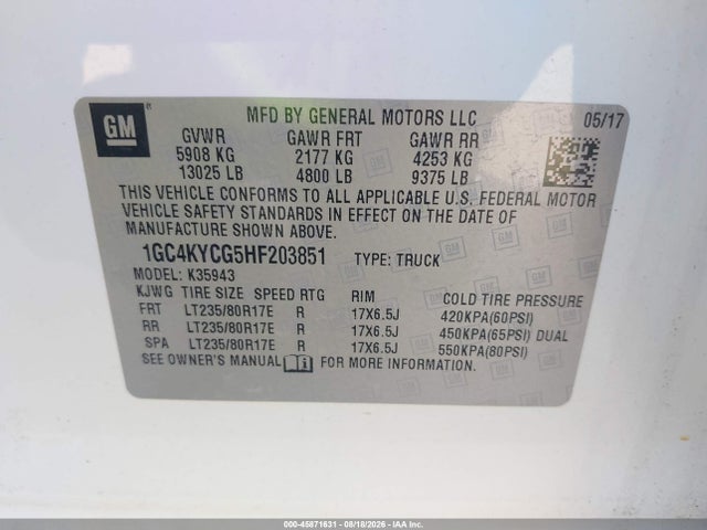2017 Chevrolet Silverado 3500hd Work Truck მანქანა იყიდება აუქციონზე, vin: 1GC4KYCG5HF203851, აუქციონის ნომერი: 45871631