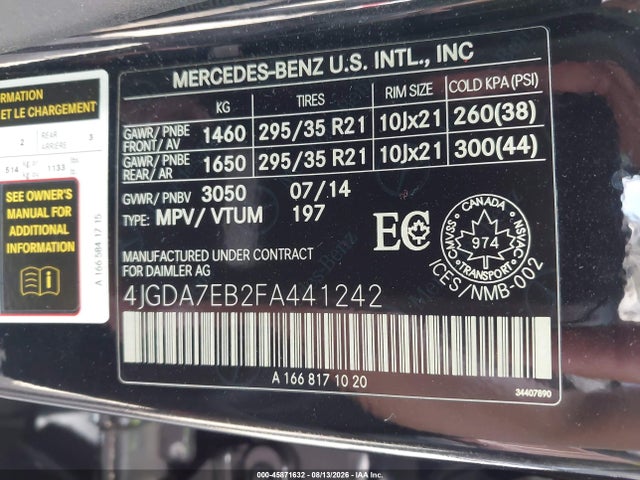 Продажа на аукционе авто 2015 Mercedes-benz Ml 63 Amg 4matic, vin: 4JGDA7EB2FA441242, номер лота: 45871632