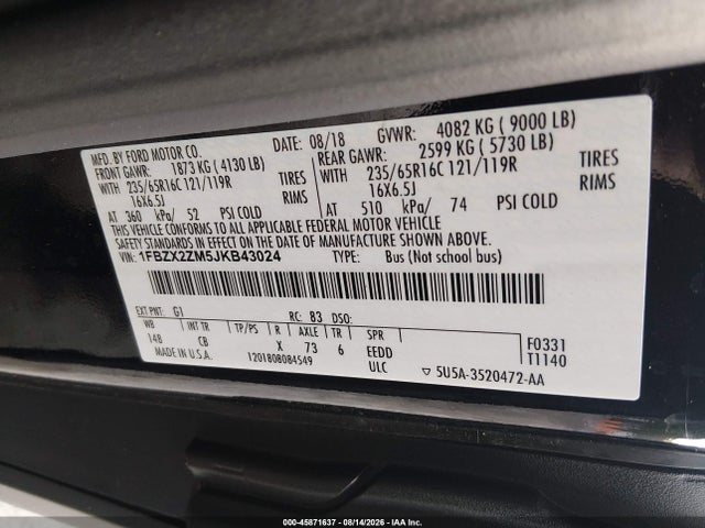 Продажа на аукционе авто 2018 Ford Transit-350 Xl, vin: 1FBZX2ZM5JKB43024, номер лота: 45871637