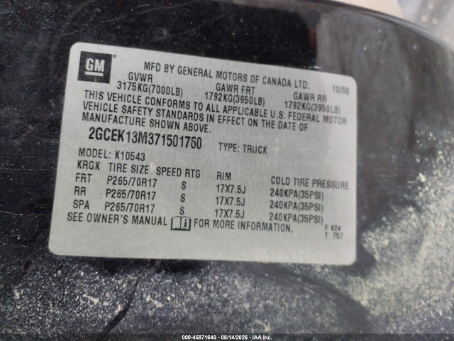 Aukcja sprzedaży 2007 Chevrolet Silverado 1500 Ltz, vin: 2GCEK13M371501760, numer aukcji: 45871640