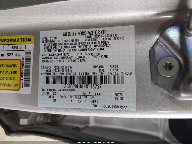 Продажа на аукционе авто 2019 Ford Fusion Hybrid Se, vin: 3FA6P0LU0KR115727, номер лота: 45871641