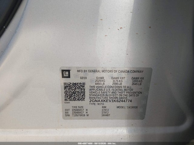 Продаж на аукціоні авто 2019 Chevrolet Equinox Lt, vin: 2GNAXKEV1K6244774, номер лоту: 45871650