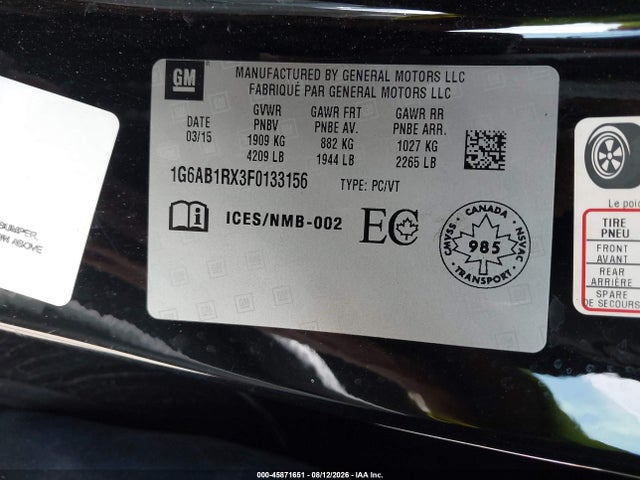 Продажа на аукционе авто 2015 Cadillac Ats Luxury, vin: 1G6AB1RX3F0133156, номер лота: 45871651