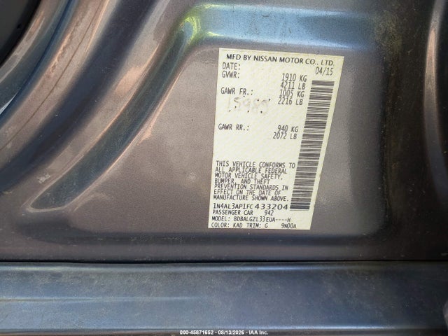 Aukcja sprzedaży 2015 Nissan Altima 2.5 S, vin: 1N4AL3AP1FC433204, numer aukcji: 45871652