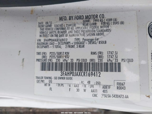Продаж на аукціоні авто 2012 Ford Fusion Sel, vin: 3FAHP0JAXCR169412, номер лоту: 45871660