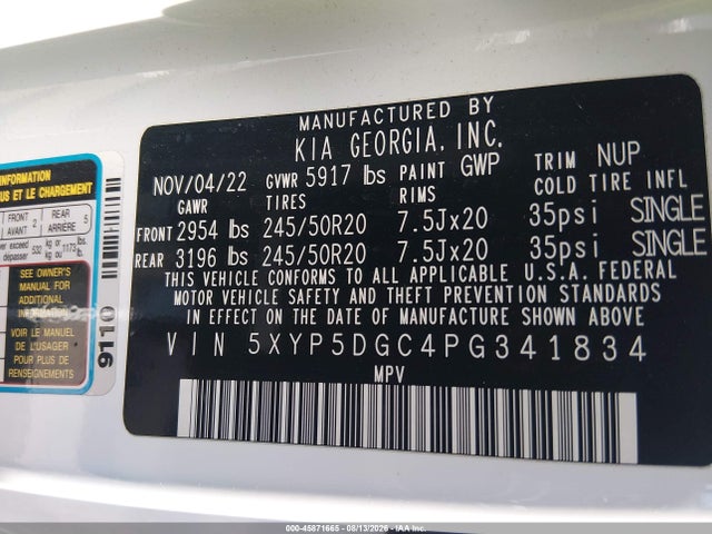 Aukcja sprzedaży 2023 Kia Telluride Sx, vin: 5XYP5DGC4PG341834, numer aukcji: 45871665