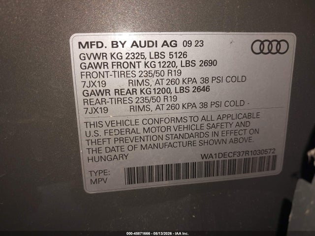 Aukcja sprzedaży 2024 Audi Q3 Premium 45 Tfsi S Line Quattro Tiptronic, vin: WA1DECF37R1030572, numer aukcji: 45871666