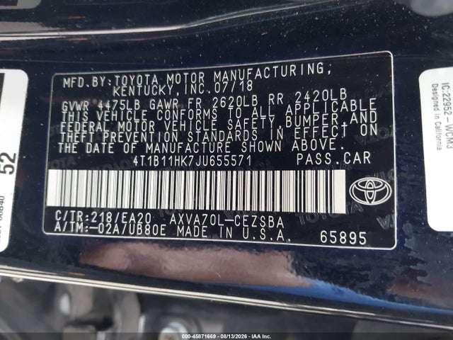 Auction sale of the 2018 Toyota Camry Se, vin: 4T1B11HK7JU655571, lot number: 45871669