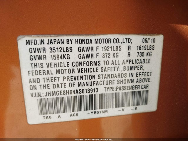 Продаж на аукціоні авто 2010 Honda Fit Sport, vin: JHMGE8H64AS013913, номер лоту: 45871676