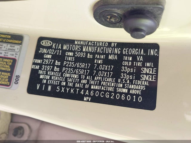 Aukcja sprzedaży 2012 Kia Sorento Lx, vin: 5XYKT4A60CG206010, numer aukcji: 45871688