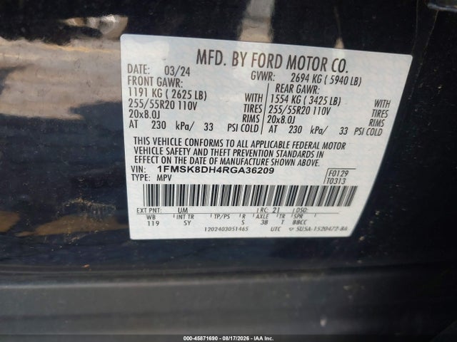 2024 Ford Explorer Xlt მანქანა იყიდება აუქციონზე, vin: 1FMSK8DH4RGA36209, აუქციონის ნომერი: 45871690