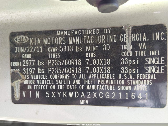 Продаж на аукціоні авто 2012 Kia Sorento Sx V6, vin: 5XYKWDA2XCG211641, номер лоту: 45871692