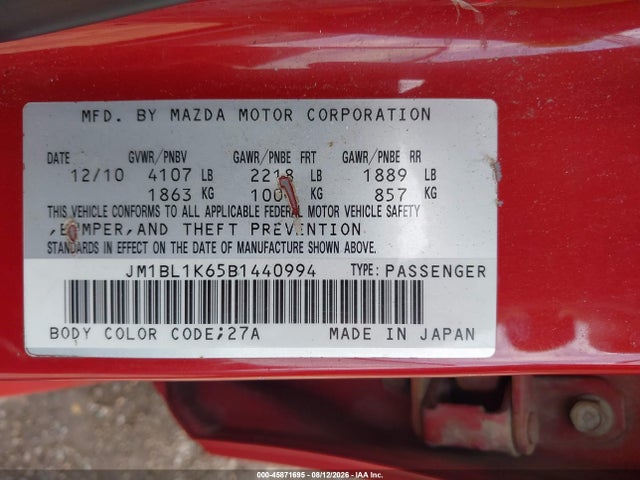 Продажа на аукционе авто 2011 Mazda Mazda3 S Sport, vin: JM1BL1K65B1440994, номер лота: 45871695