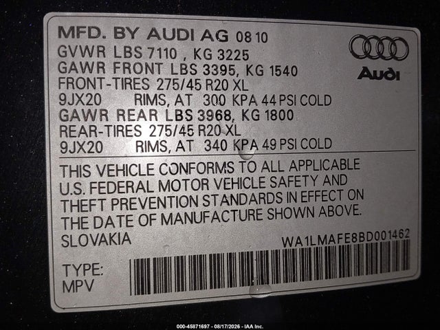 45871697 :رقم المزاد ، WA1LMAFE8BD001462 vin ، 2011 Audi Q7 3.0 Tdi Premium مزاد بيع