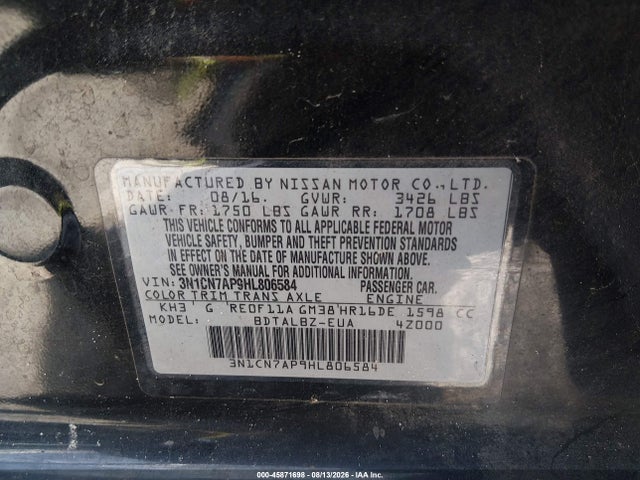 2017 Nissan Versa 1.6 Sv მანქანა იყიდება აუქციონზე, vin: 3N1CN7AP9HL806584, აუქციონის ნომერი: 45871698