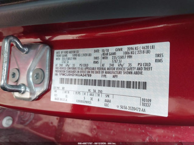 2019 Ford Escape Sel მანქანა იყიდება აუქციონზე, vin: 1FMCU0HD1KUA24789, აუქციონის ნომერი: 45871707
