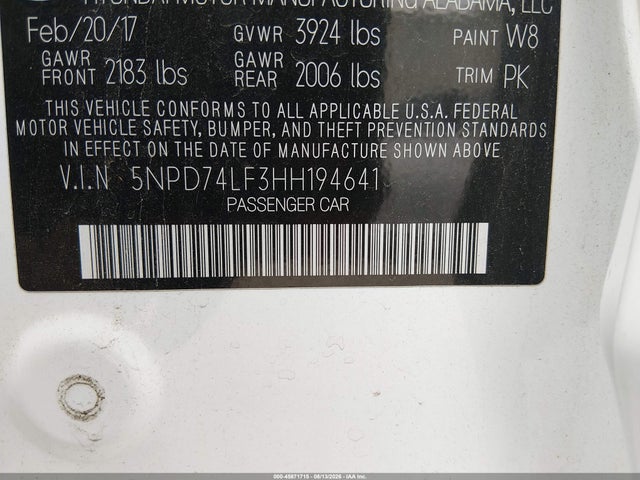 2017 Hyundai Elantra Se მანქანა იყიდება აუქციონზე, vin: 5NPD74LF3HH194641, აუქციონის ნომერი: 45871715