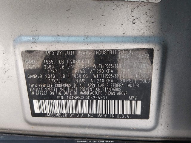 Продажа на аукционе авто 2012 Subaru Outback 2.5i Premium, vin: 4S4BRBCC0C3265337, номер лота: 45871717