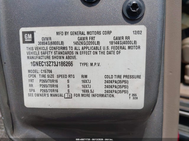 2003 Chevrolet Tahoe Lt მანქანა იყიდება აუქციონზე, vin: 1GNEC13Z73J186266, აუქციონის ნომერი: 45871720