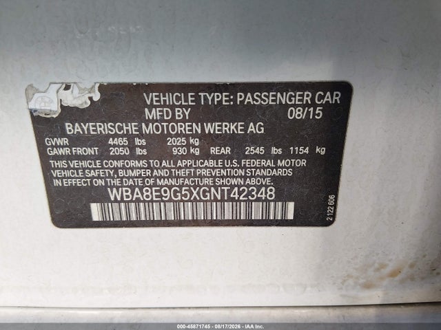 45871745 :رقم المزاد ، WBA8E9G5XGNT42348 vin ، 2016 Bmw 328i مزاد بيع