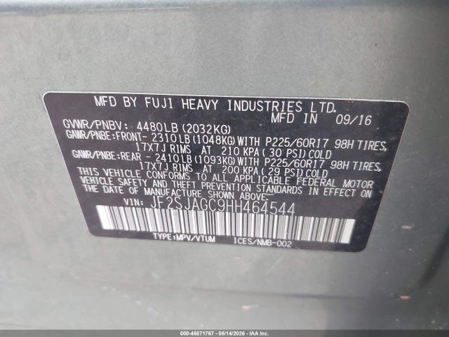 45871767 :رقم المزاد ، JF2SJAGC9HH464544 vin ، 2017 Subaru Forester 2.5i Premium مزاد بيع