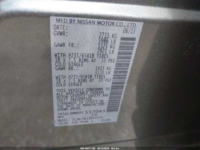2015 Infiniti Qx60 მანქანა იყიდება აუქციონზე, vin: 5N1AL0MM4FC537045, აუქციონის ნომერი: 45871768