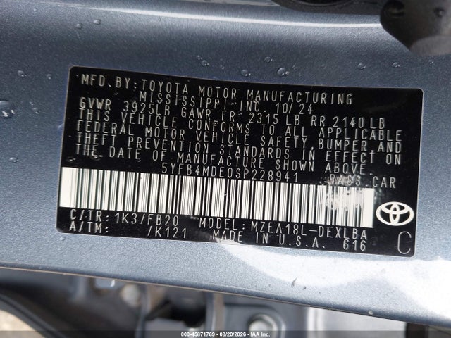 Продажа на аукционе авто 2025 Toyota Corolla Le, vin: 5YFB4MDE0SP228941, номер лота: 45871769